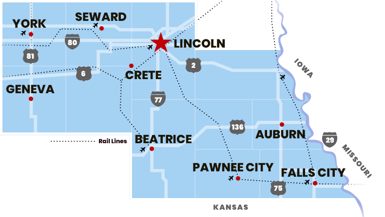 County map showcasing Lincoln with a star
